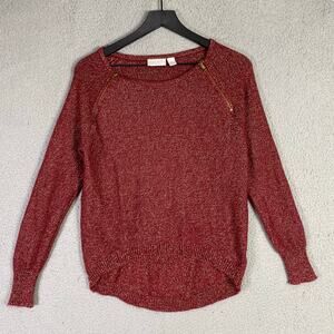 Bisou Bisou Red Metallic Knit Sweater XS‎ Gold Zip Detail Long Sleeve Pullover